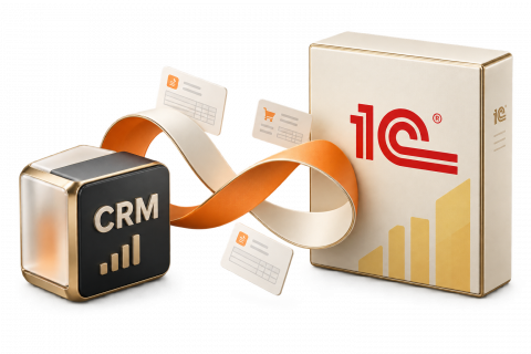 Объёмные модули 1С и CRM, соединённые лентой обмена документами